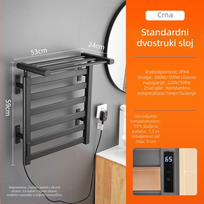 Električna držač za ručnike, bez bušenja, dvostruki sloj grijanja, Space aluminij, antimikrobna sterilizacija, tajmer i kontrola stalne temperature