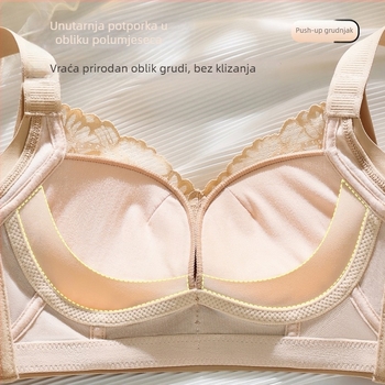 Dantelastični najlon grudnjak bez žice, 3/4 košarica, oblik košarica s tankim gornjim dijelom i debljim donjim dijelom, fiksne dvostruke naramenice, stražnje kopčanje s četiri reda kukica