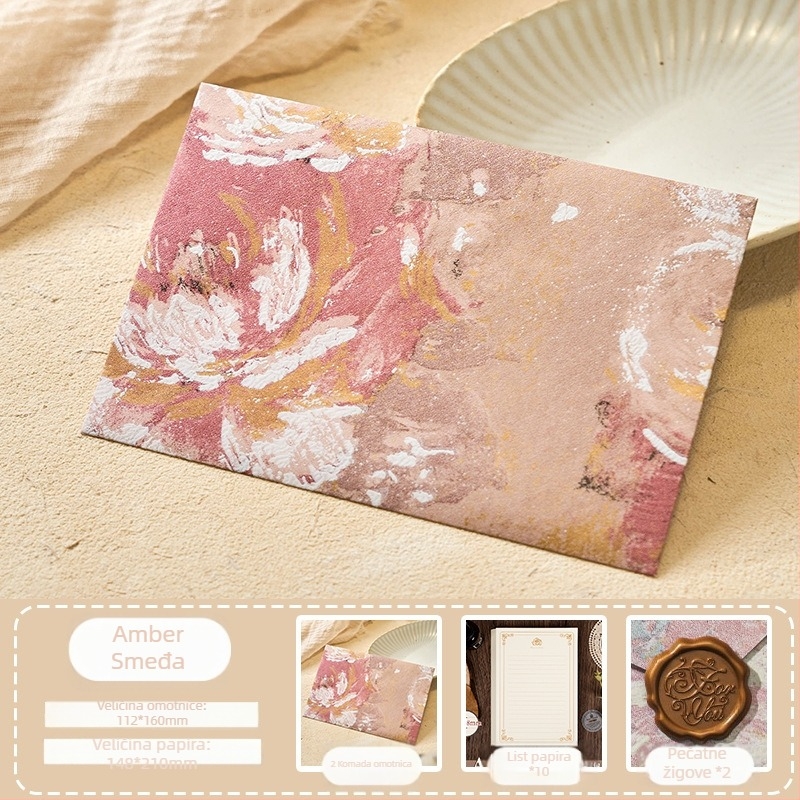 Set kuvert iz serije Cvjetne pisma, specijalni papir s pozlaćenim reljefom, model kuverta među cvijećem, retro stil, poklon paket