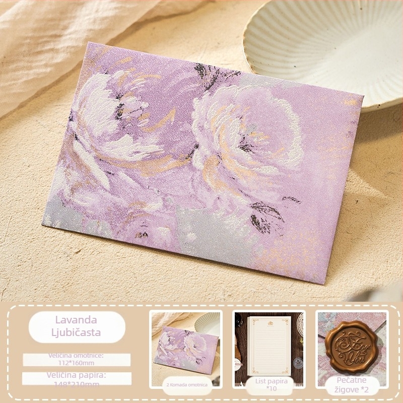 Set kuvert iz serije Cvjetne pisma, specijalni papir s pozlaćenim reljefom, model kuverta među cvijećem, retro stil, poklon paket