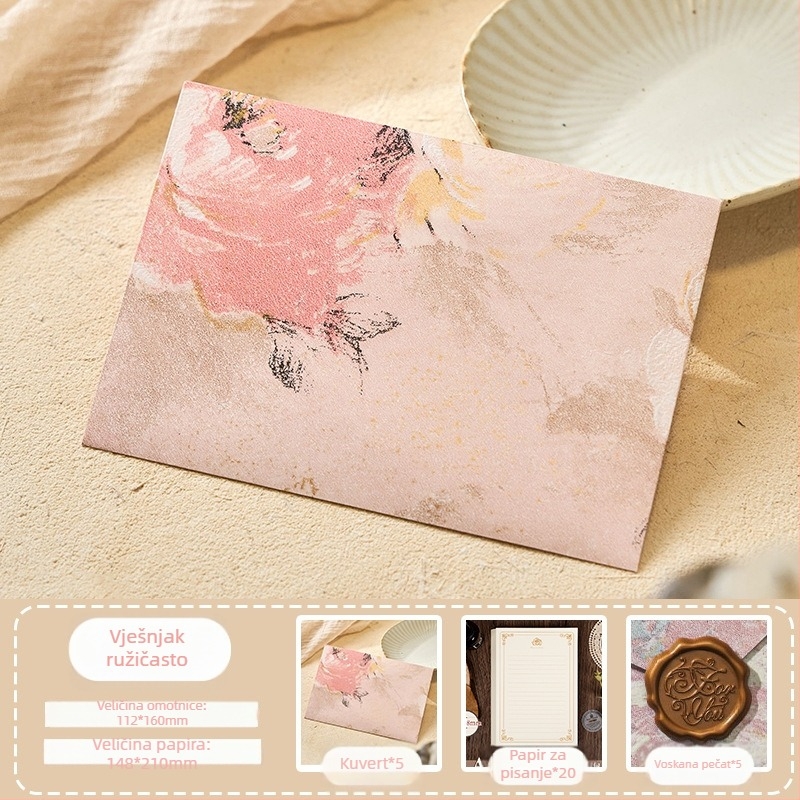 Set kuvert iz serije Cvjetne pisma, specijalni papir s pozlaćenim reljefom, model kuverta među cvijećem, retro stil, poklon paket