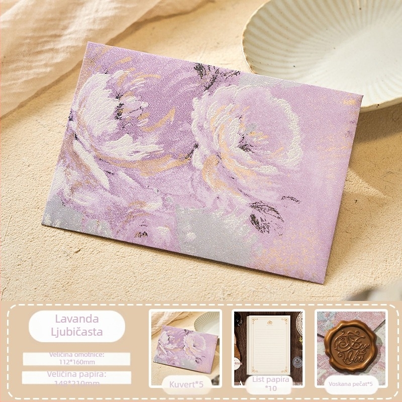 Set kuvert iz serije Cvjetne pisma, specijalni papir s pozlaćenim reljefom, model kuverta među cvijećem, retro stil, poklon paket