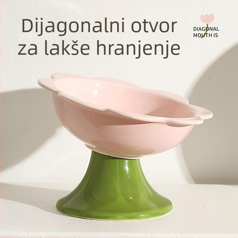 Cvjetna zdjela za mačke – keramička zdjela za hranu i vodu, s visokim postoljem i zaštitom vrata