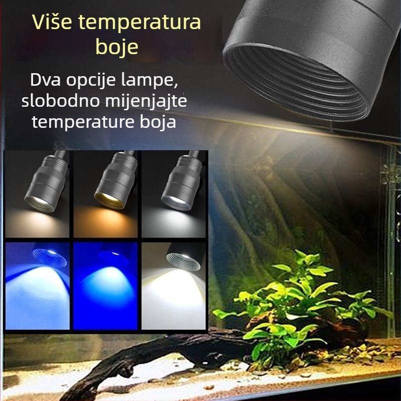 LED svjetlo za akvarij, puni spektar, promjenjiva jačina i podešavanje fokusa, 3 boje načina, aluminijska legura, 7W