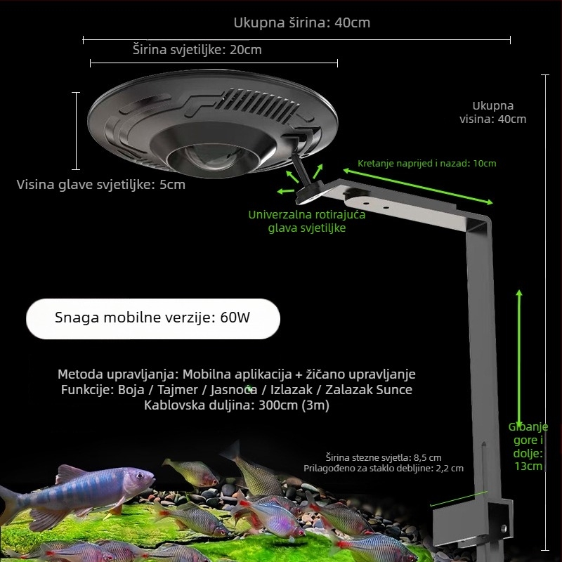 UFO LED svjetlo za akvarij s punim spektrom za vodene biljke, 90W, aluminijska legura, kontrola putem mobilne aplikacije, težina 1 kg