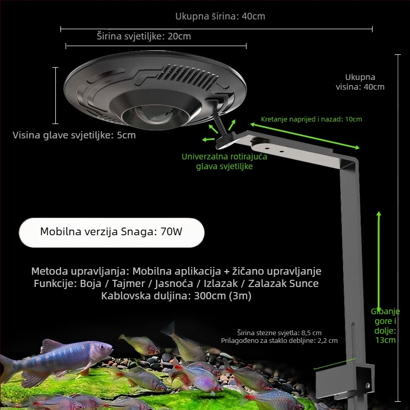 UFO LED svjetlo za akvarij s punim spektrom za vodene biljke, 90W, aluminijska legura, kontrola putem mobilne aplikacije, težina 1 kg