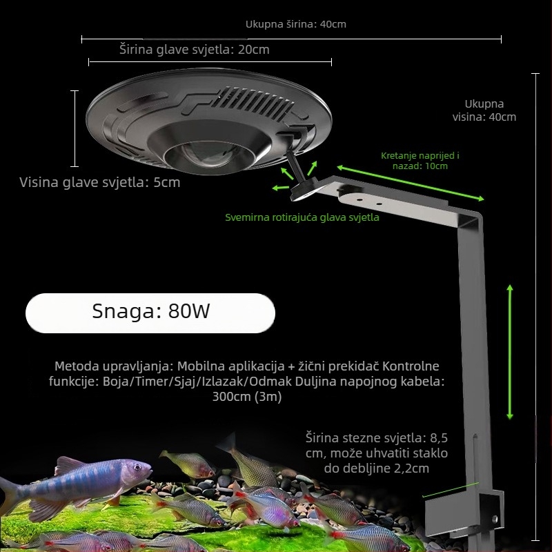 UFO LED svjetlo za akvarij s punim spektrom za vodene biljke, 90W, aluminijska legura, kontrola putem mobilne aplikacije, težina 1 kg