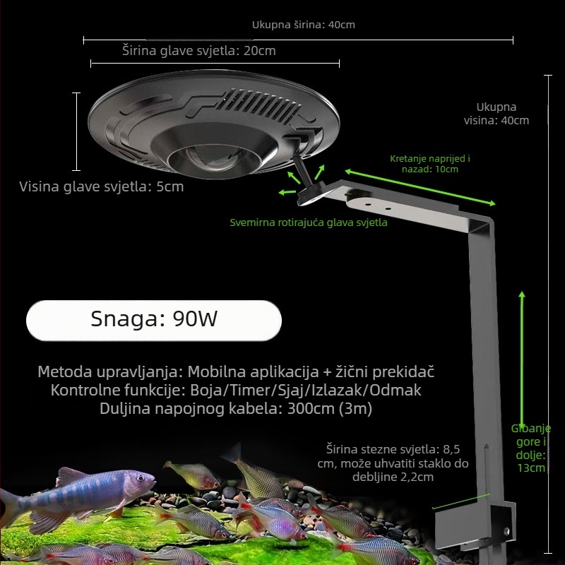 UFO LED svjetlo za akvarij s punim spektrom za vodene biljke, 90W, aluminijska legura, kontrola putem mobilne aplikacije, težina 1 kg