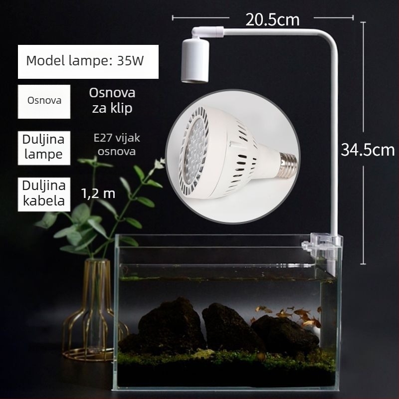 LED svjetlo za akvarij s E27 navojem, držač za montažu, potpuno spektrum za vodene biljke, podesiva visina