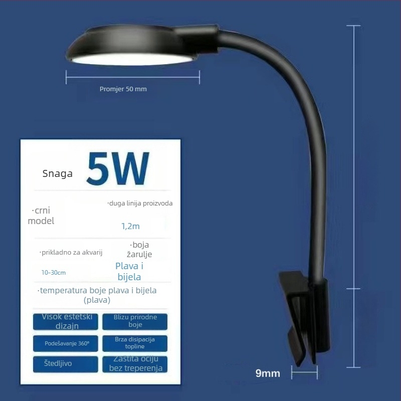 LED svjetlo za akvarij s klipom – potpuno spektralno osvjetljenje za vodene biljke, USB napajanje