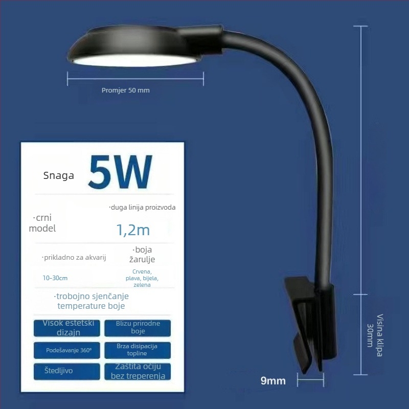 LED svjetlo za akvarij s klipom – potpuno spektralno osvjetljenje za vodene biljke, USB napajanje