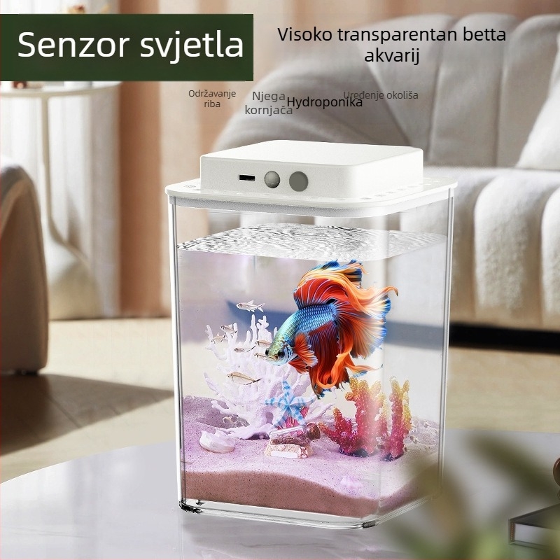Mini ekološki akvarij s rasvjetom – ABS desktop akvarij za zlatne ribice, energetski uštedljivo, 1W, 500 g