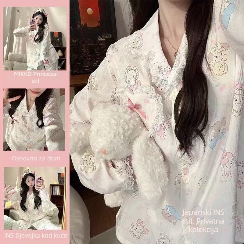 Japanski cvjetni pižama set u kardigan stilu, cloud cotton tkanina, dugi rukavi i hlače, 95–100% poliester