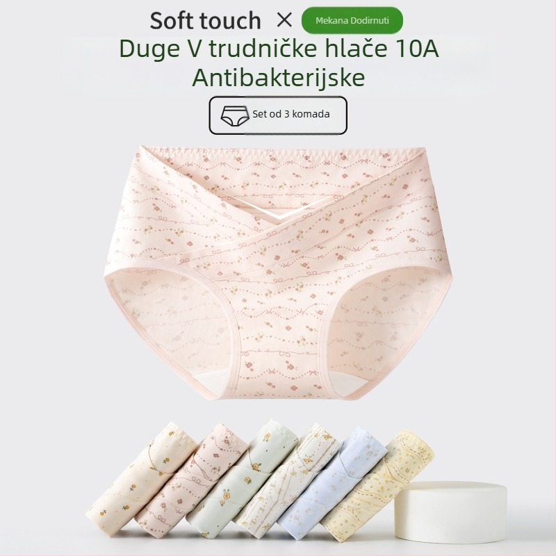 Trudničko donje rublje s V-oblikom niskog pojasa za potporu trbuha, prozračan antibakterijski pamuk, floralni uzorak.