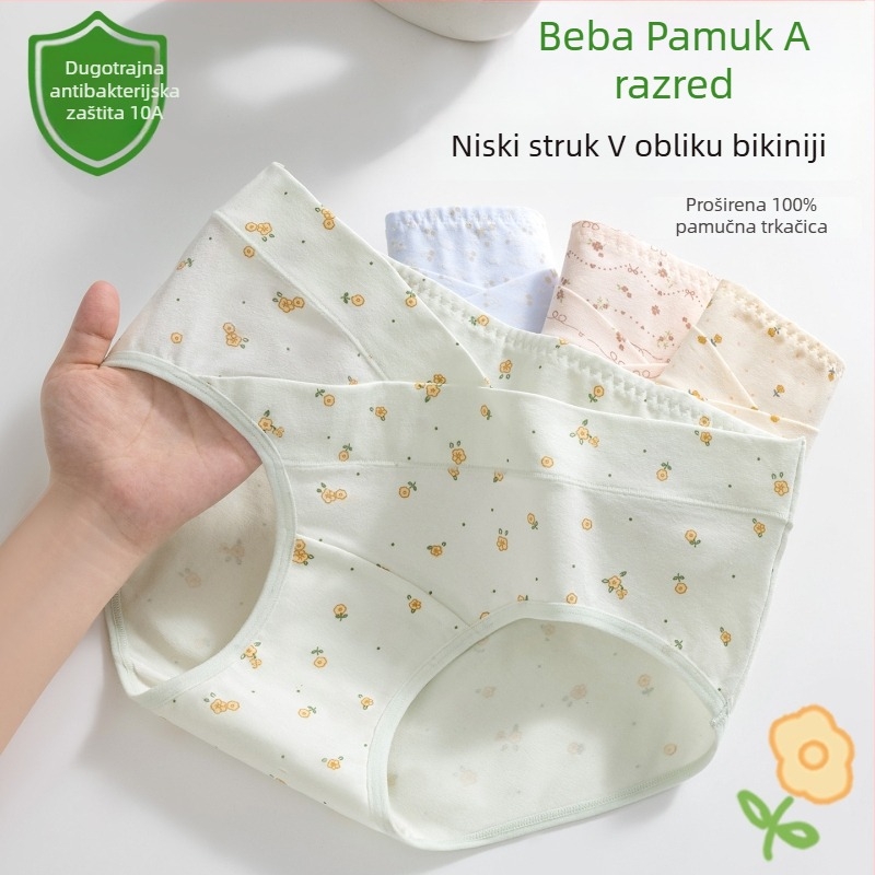 Trudničko donje rublje s V-oblikom niskog pojasa za potporu trbuha, prozračan antibakterijski pamuk, floralni uzorak.
