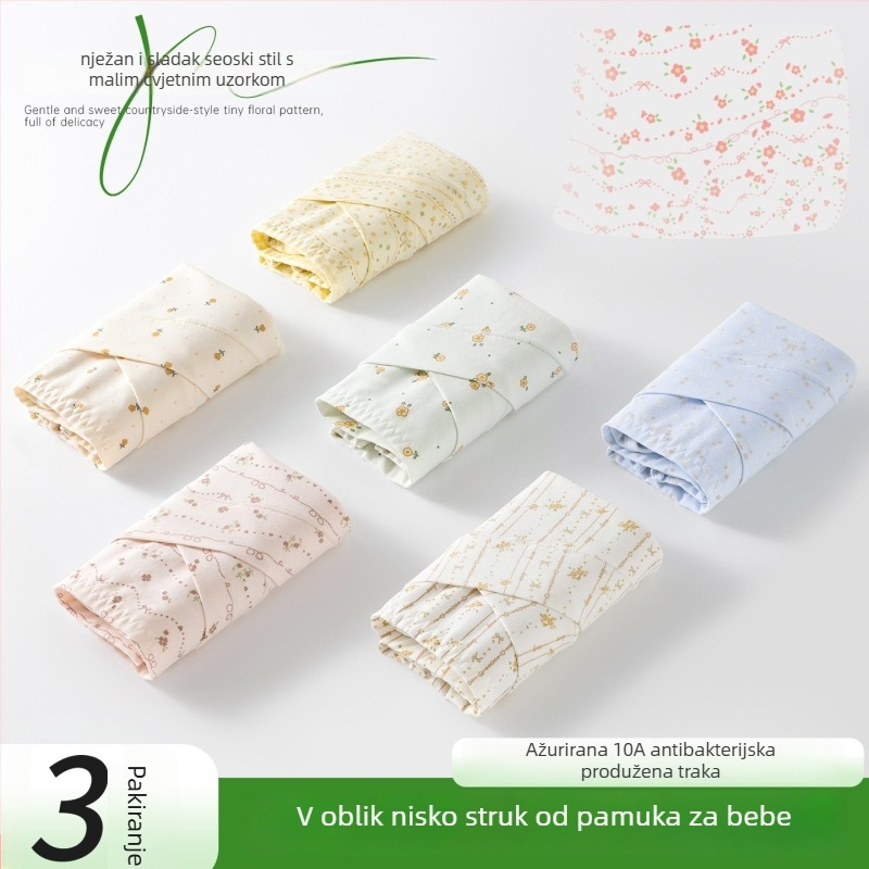 Trudničko donje rublje s V-oblikom niskog pojasa za potporu trbuha, prozračan antibakterijski pamuk, floralni uzorak.