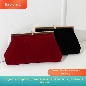 Baršunasta večernja clutch torbica, zrel ženski stil, horizontalni kvadratni oblik, zatvarač, unutarnja džep s zatvaračem, baršunasta podstava