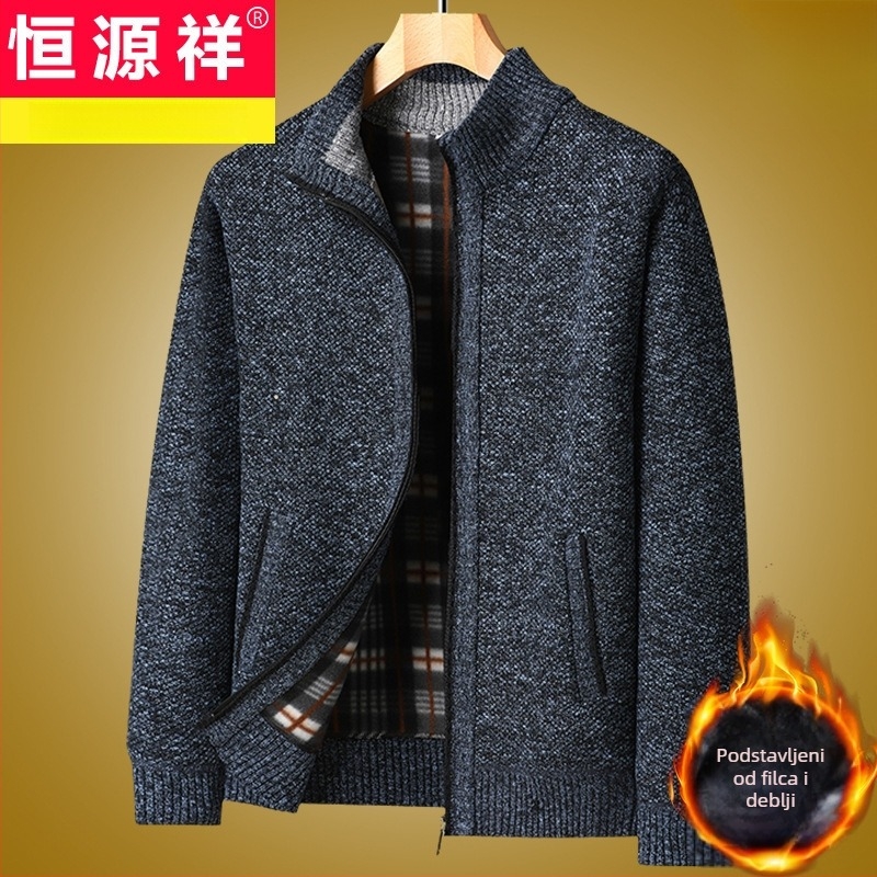 Muški pleteni kardigan jakna sa stojećim ovratnikom, debeli fleksi podstava, dugi rukavi, glavna tkanina: kunić dlaka
