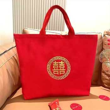 Vjenčana darovna torba s pozlaćenim otiskom Double Happiness, platno, zatvarač, bez podstave, unutarnji džepovi za telefon i dokumente