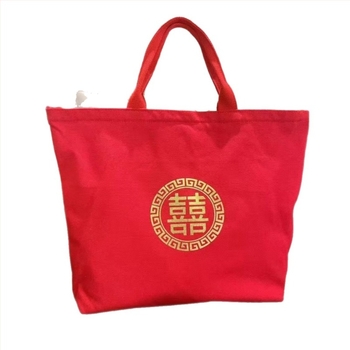 Vjenčana darovna torba s pozlaćenim otiskom Double Happiness, platno, zatvarač, bez podstave, unutarnji džepovi za telefon i dokumente