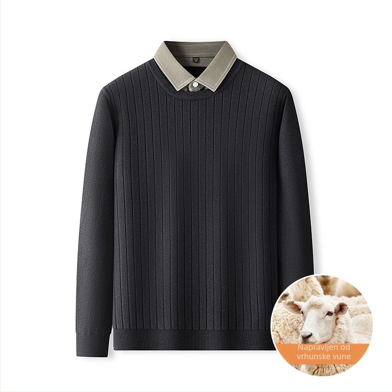 Muški pleteni džemper s ovratnikom košulje, vunena mješavina, debeli, dugi rukav, pravi kroj