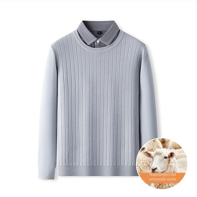Muški pleteni džemper s ovratnikom košulje, vunena mješavina, debeli, dugi rukav, pravi kroj