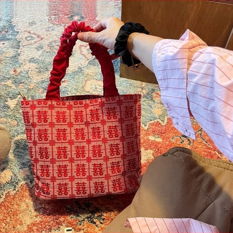 Vjenčana darovna torba za mladenku i kumu, kineskog stila, poliester, pamuk podstava, zatvarač, mali kvadratni oblik, džep za telefon