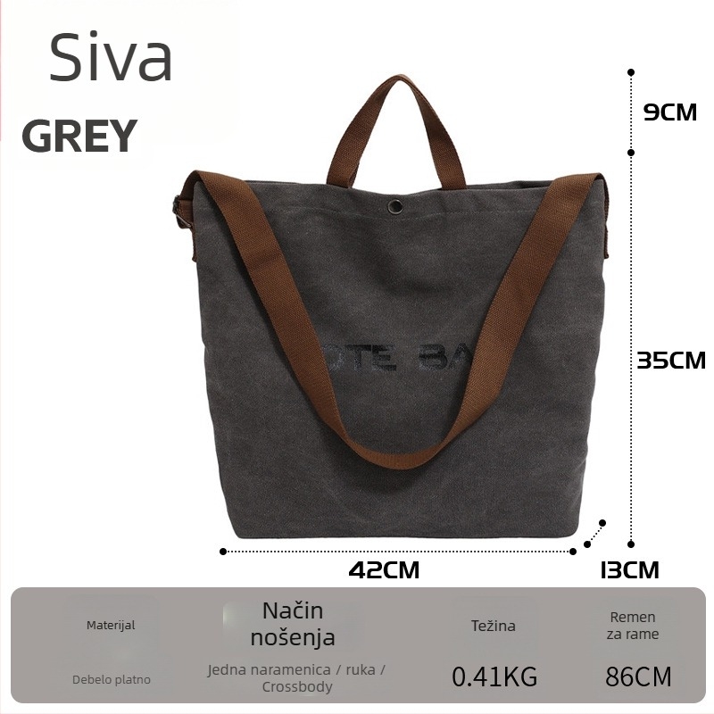 Tote torba u gradsko-stilskom izgledu, platno materijal, horizontalni kvadratni oblik, uspravan otvor s unutarnjim zatvaračem