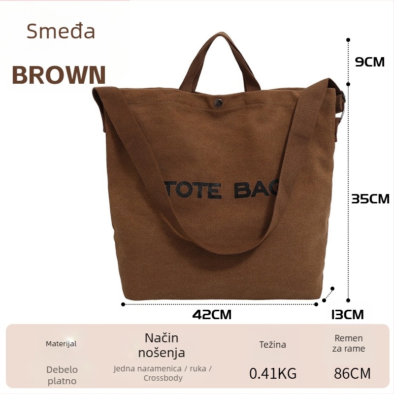 Tote torba u gradsko-stilskom izgledu, platno materijal, horizontalni kvadratni oblik, uspravan otvor s unutarnjim zatvaračem