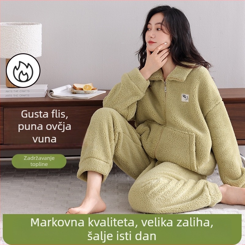 Antistatički set pidžama od ovčje vune, izuzetno debeo 301–350 g/m², stojeći ovratnik, dugi rukavi