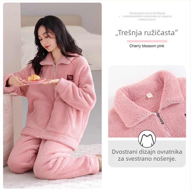 Antistatički set pidžama od ovčje vune, izuzetno debeo 301–350 g/m², stojeći ovratnik, dugi rukavi