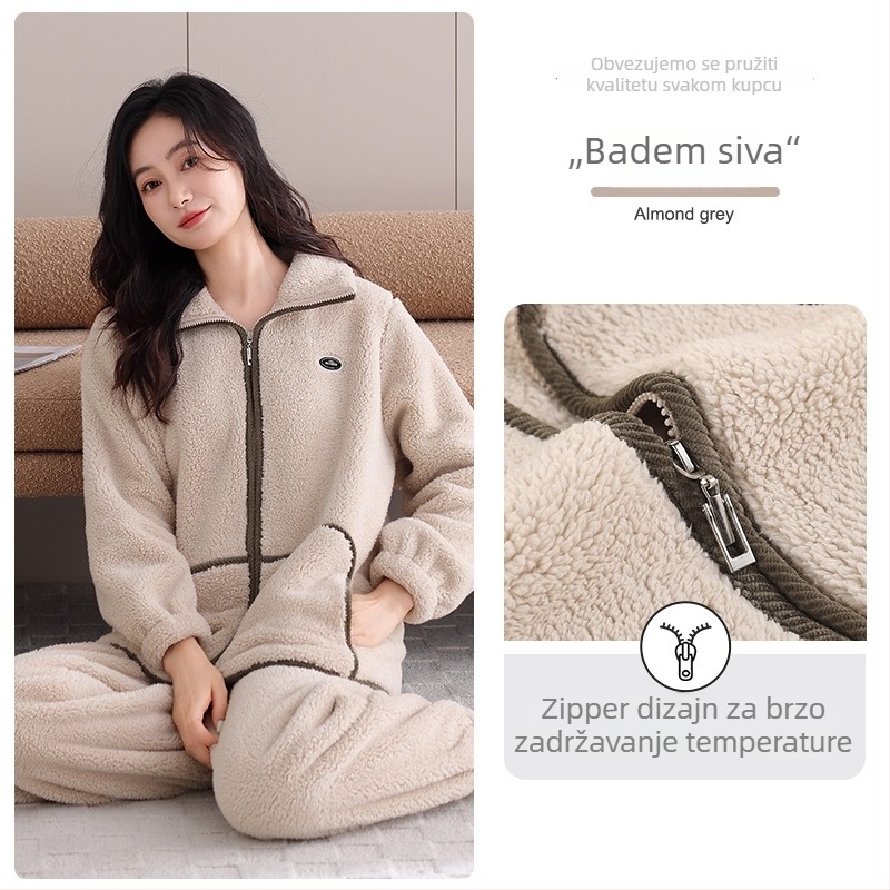 Antistatički set pidžama od ovčje vune, izuzetno debeo 301–350 g/m², stojeći ovratnik, dugi rukavi