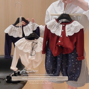 Dječje majice s dugim rukavima i čipkastim ovratnikom, korejski stil, za djecu od 3 do 8 godina, proljeće i jesen