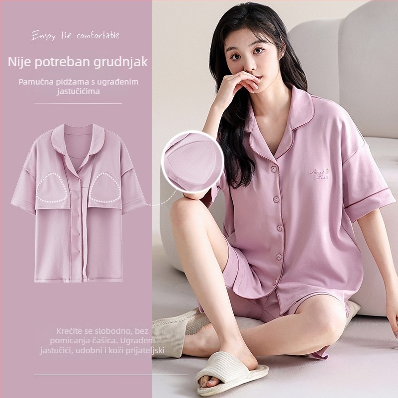 Ženski pamučni set pidžame – lagani kardigan s kratkim rukavima i šorcevima, 100% pamuk, lagan i udoban