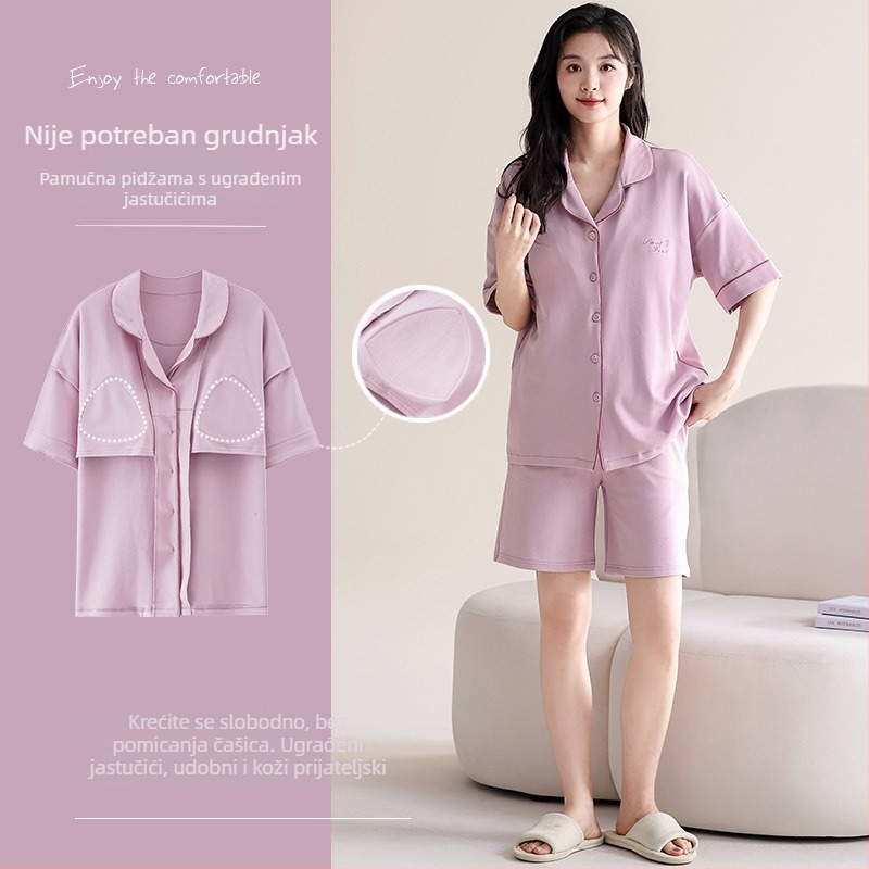 Ženski pamučni set pidžame – lagani kardigan s kratkim rukavima i šorcevima, 100% pamuk, lagan i udoban