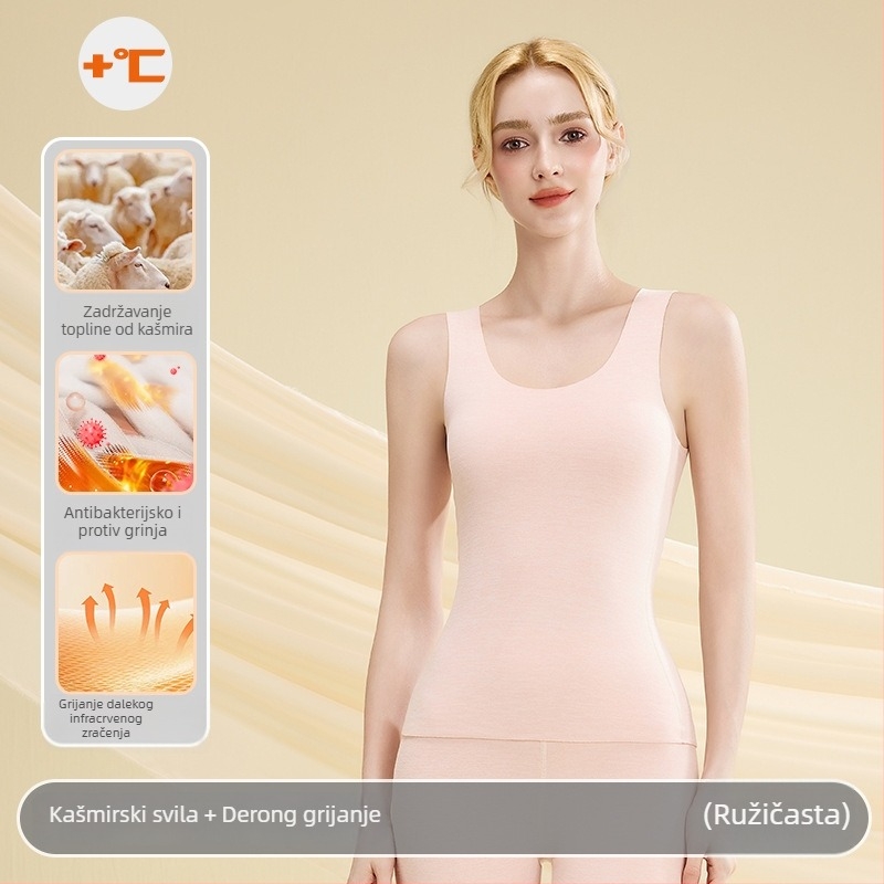 Ženski kašmirski termoski prsluk - okrugli vrat, bezšivni dizajn, jednovrstna tkanina, gustoća tkanja 251–300 g/m², može se nositi kao bazni sloj ili vanjski sloj