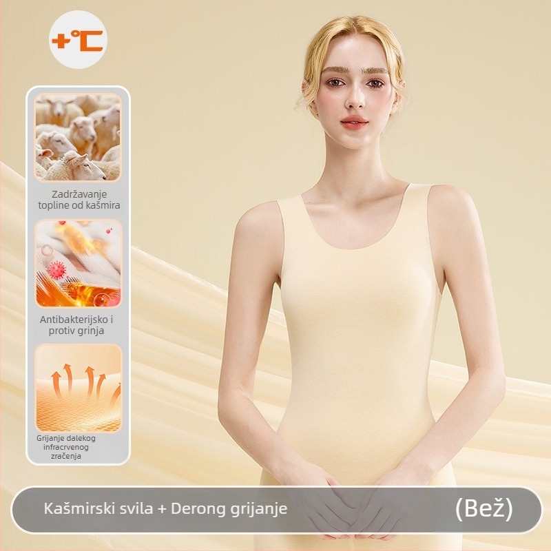 Ženski kašmirski termoski prsluk - okrugli vrat, bezšivni dizajn, jednovrstna tkanina, gustoća tkanja 251–300 g/m², može se nositi kao bazni sloj ili vanjski sloj
