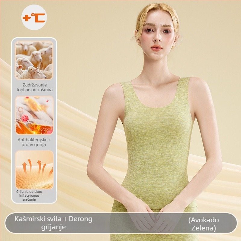 Ženski kašmirski termoski prsluk - okrugli vrat, bezšivni dizajn, jednovrstna tkanina, gustoća tkanja 251–300 g/m², može se nositi kao bazni sloj ili vanjski sloj
