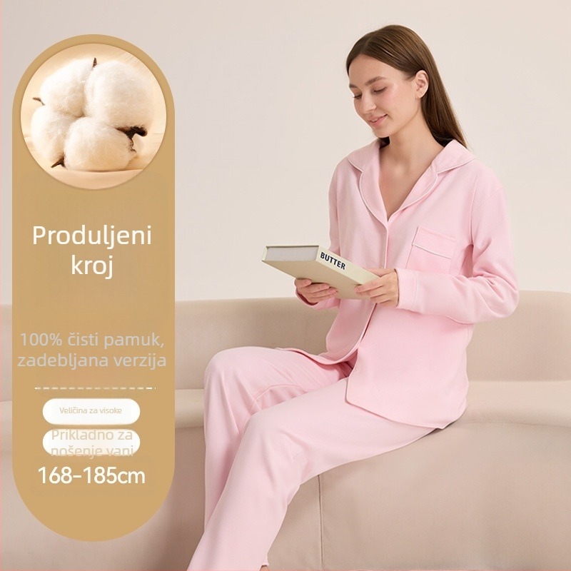 Ženski set pidžama od 100% pamuka, debeo materijal, dugi rukavi i dugi hlače, za jesen/zimu – udoban za dom i nošenje vani