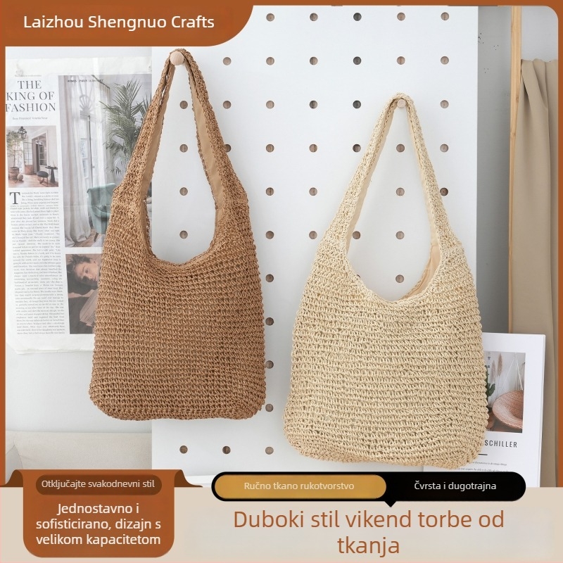 Torba od slame u šumskom stilu, ženska torba za ramena, pletena (Materijal: slama; Podstava: poliester; Oblik: vertikalni kvadrat; Otvaranje: zatvarač; Unutarnja struktura: sendvič džep)