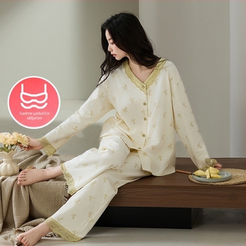 Ženski pidžama set u stilu jelena, 100% pamuk, dugi rukavi, V-izrez, srednje debljine, jesen 2025