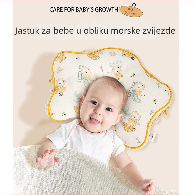 Dječji jastuk u obliku morske zvijezde s jezgrom od memorijske pjene, navlaka od kemijskih vlakana, mogućnost prilagodbe obrade; visina jezgre ispod 5 cm; težina do 0,5 kg; pogodno za bebe.