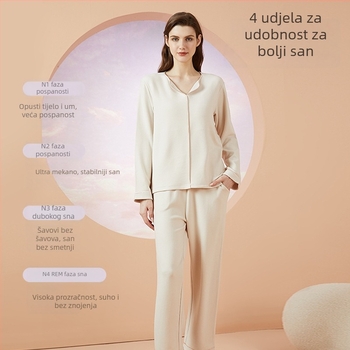 Ovitz ženski pidžama set s jastučićem za prsa – V-izrez, dugi rukav, akril, debljina 251–300 g/m2