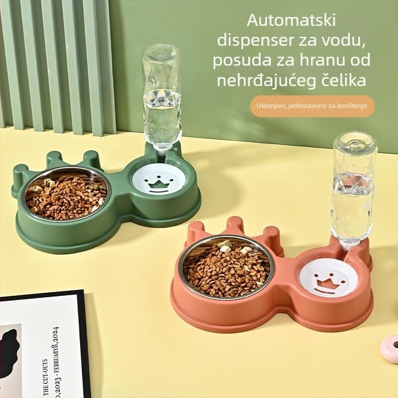 Dvostruka funkcija automatske hranilice i zdjele za vodu za mačke i pse – Materijal: PP + nehrđajući čelik; Veliki kapacitet vode