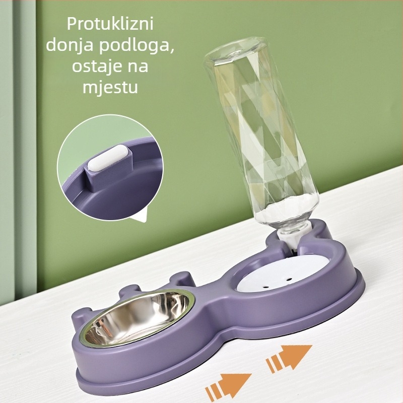 Dvostruka funkcija automatske hranilice i zdjele za vodu za mačke i pse – Materijal: PP + nehrđajući čelik; Veliki kapacitet vode