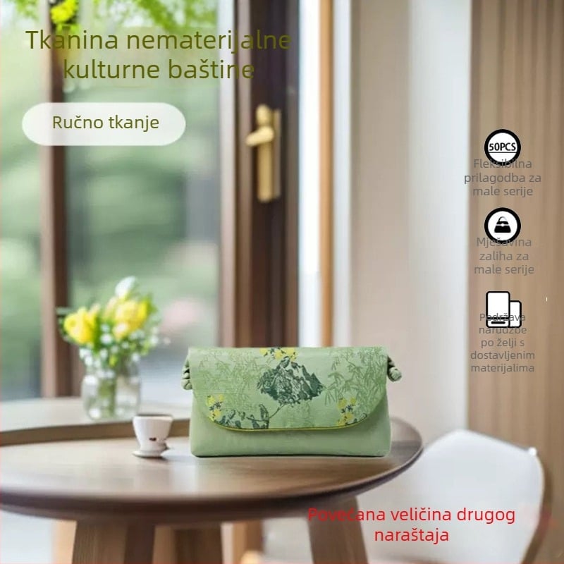 Ženska torbica za mobitel u kineskom stilu, svilenog materijala, unutarnji džep za kartice, horizontalni kvadratni oblik, zatvarač