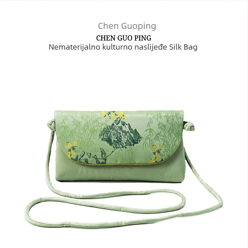 Ženska torbica za mobitel u kineskom stilu, svilenog materijala, unutarnji džep za kartice, horizontalni kvadratni oblik, zatvarač