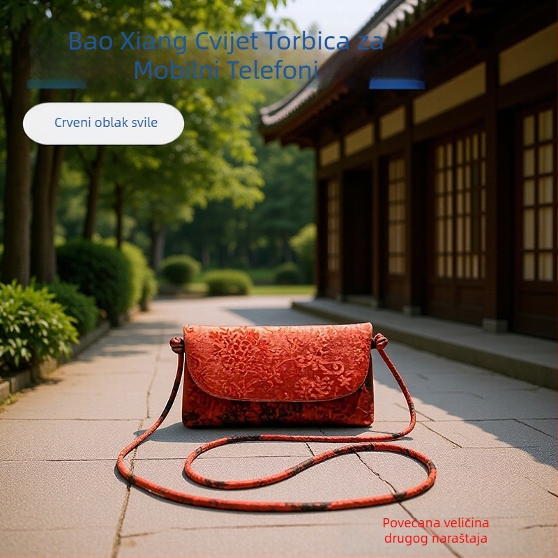 Ženska torbica za mobitel u kineskom stilu, svilenog materijala, unutarnji džep za kartice, horizontalni kvadratni oblik, zatvarač
