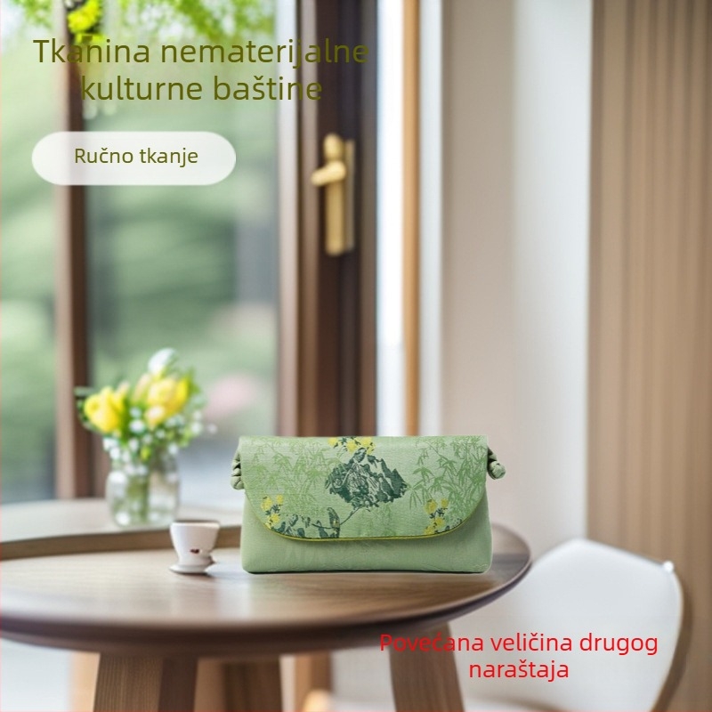 Ženska torbica za mobitel u kineskom stilu, svilenog materijala, unutarnji džep za kartice, horizontalni kvadratni oblik, zatvarač