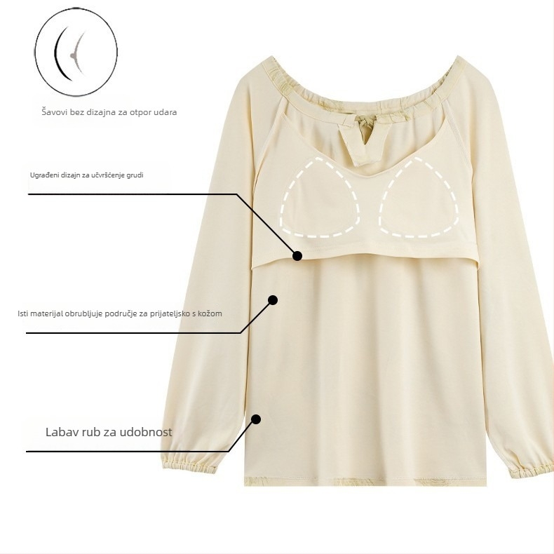 Ženski set pidžama od elastnog pamuka s umetkom za prsa, okrugli ovratnik, dugi rukavi